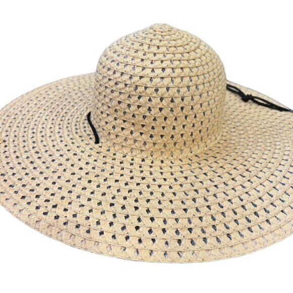 Accessories - Straw Sun Hat Wide Brim Natural Black Strap Beach Pool Vacation Travel Cruise OS